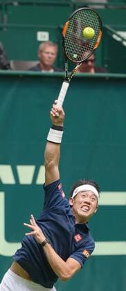 Nishikori advances to Gerry Weber Open 2nd round Japan s Kei Nishikori serves against Lucas Pouille of France in his 6-7, 6-1, 6-4 win in a first-round match of the Gerry Weber Open tennis tournament in Halle, Germany, on June 13, 2016. 