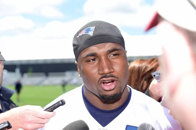 Monday, June 13, 2016: New England Patriots running back Dion Lewis (33) talks to the media at the New England Patriots organized team activities held on the practice field at Gillette Stadium, in Foxborough, Massachusetts. NFL American Football Herren USA 2016: Patriots OTA JUN 13 - ZUMAc04_