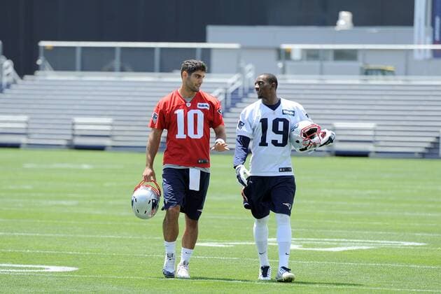 Monday, June 13, 2016: New England Patriots quarterback Jimmy Garoppolo (10) and wide receiver Malcolm Mitchell (19) leave the practice field at the New England Patriots organized team activities held on the practice field at Gillette Stadium, in Foxborough, Massachusetts. NFL American Football Herren USA 2016: Patriots OTA JUN 13 - ZUMAc04_