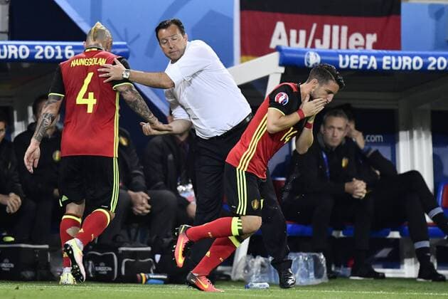 Belgium s Radja Nainggolan, Belgium s head coach Marc Wilmots and Belgium s Dries Mertens pictured during a soccer game between Belgian national soccer team Red Devils and Italy, in group E of the group stage of the UEFA EURO EM Europameisterschaft Fussball 2016 European Championships, Monday 13 June 2016 in Lyon, France. DIRKxWAEM  x04870734x
