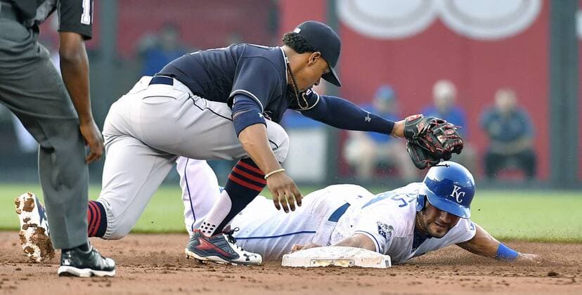 June 13, 2016 - Kansas City, MO, USA - Kansas City Royals Reymond Fuentes dives back to second before the pick off attempt by Cleveland Indians shortstop Francisco Lindor during the second inning on Monday, June 13, 2016, at Kauffman Stadium in Kansas City, Mo. Cleveland Indians at Kansas City Royals - ZUMAm67_