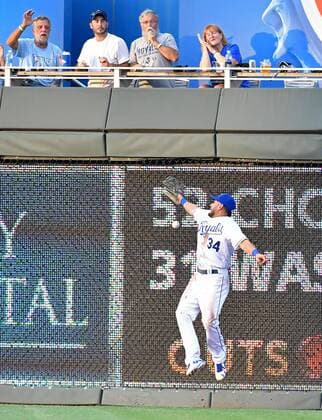 June 13, 2016 - Kansas City, MO, USA - Kansas City Royals right fielder Reymond Fuentes can t hold onto a double by Cleveland Indians Jason Kipnis during the third inning on Monday, June 13, 2016, at Kauffman Stadium in Kansas City, Mo. Cleveland Indians at Kansas City Royals - ZUMAm67_