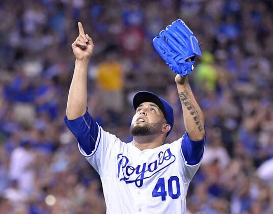 June 13, 2016 - Kansas City, MO, USA - Kansas City Royals relief pitcher Kelvin Herrera celebrates getting out of the eighth inning on a double play on Monday, June 13, 2016, at Kauffman Stadium in Kansas City, Mo. Cleveland Indians at Kansas City Royals - ZUMAm67_