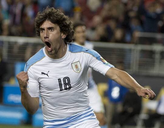 Uruguay s Mathias Corujo (18) celebrates a goal against Jamaica in the second half at COPA America Centenario at Levi s Stadium in Santa Clara, California on June 13, 2016. Uruguay won 3-0.  SXP2016061311 TERRYxSCHMITT