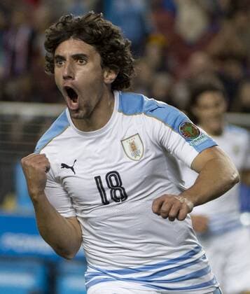 Uruguay s Mathias Corujo (18) celebrates a goal against Jamaica in the second half at COPA America Centenario at Levi s Stadium in Santa Clara, California on June 13, 2016. Uruguay won 3-0.  SXP2016061312 TERRYxSCHMITT