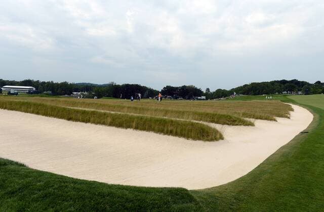 The Church Pews bunkers are seen at the third and fourth holes during a practice round prior to the start of the 2016 U.S. Open at Oakmont Country Club in Oakmont, Pennsylvania on June 15, 2016.  PIT20160615401 PATxBENIC