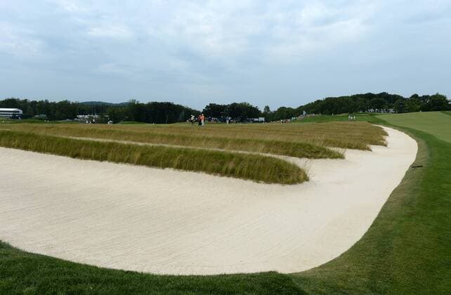 The Church Pews bunkers are seen at the third and fourth holes during a practice round prior to the start of the 2016 U.S. Open at Oakmont Country Club in Oakmont, Pennsylvania on June 15, 2016.  PIT20160615408 PATxBENIC