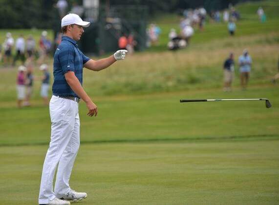 Jordan Spieth throws his club in anger after hitting on the 17th fairway in the first round of the 2016 U.S. Open at Oakmont Country Club in Oakmont, Pennsylvania on June 15, 2016.  OAK20160616309 KEVINxDIETSCH