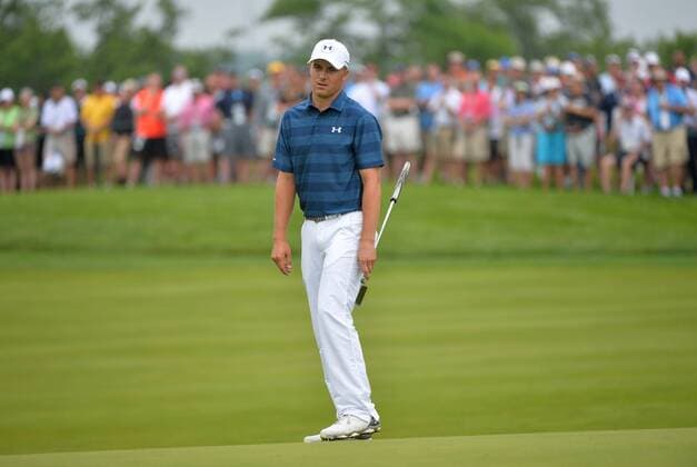 Jordan Spieth reacts after a putt on the 16th green during the first round of the 2016 U.S. Open at Oakmont Country Club in Oakmont, Pennsylvania on June 15, 2016.  OAK20160616316 KEVINxDIETSCH