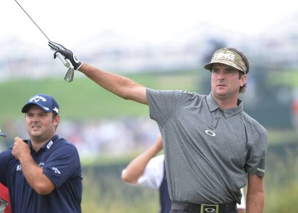Bubba Watson tees off on the eleventh hole and points right during first round of the U.S. Open golf championship at Oakmont Country Club near Pittsburgh, Pennsylvania on Thursday, June 16, 2016. Watson is at two under par when play was suspended for the day.  OAK20160616123 PATxBENIC