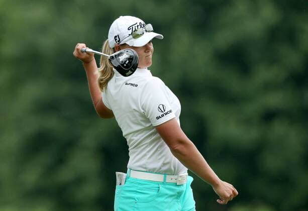 June 16, 2016 - Belmont, Michigan, Untied States - Katherine Kirk of Sunrise Beach, Australia, reacts after her tee shot on the fifth hole during the first round of the Meijer LPGA Golf Damen Classic golf tournament at Blythefield Country Club in Belmont, MI, USA Thursday, June 16, 2016. Meijer LPGA Classic  - ZUMAn230