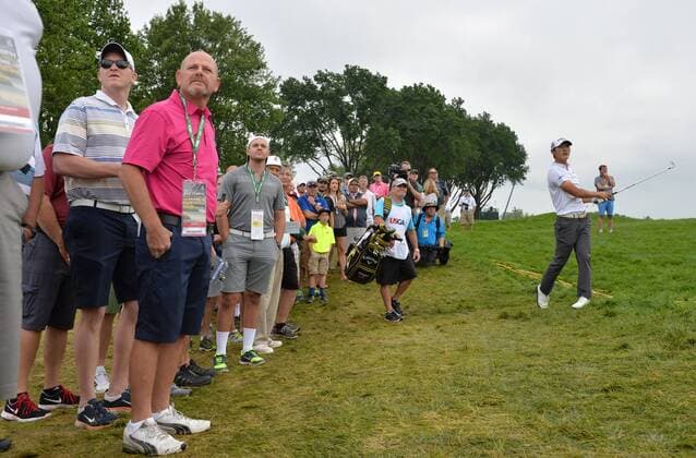 Danny Lee of New Zealand hits from the rough on the 18th hole during the 2016 U.S. Open at Oakmont Country Club in Oakmont, Pennsylvania on June 17, 2016.  OAK20160617313 KEVINxDIETSCH