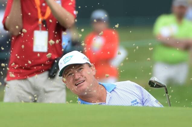 Ernie Els, of South Africa, hits from a sand trap on the fourth hole of his first round during the Friday round of the U.S. Open golf championship at Oakmont Country Club near Pittsburgh, Pennsylvania on June 17, 2016. Els was just starting his first round due to the rain delays yesterday and will play his second 18 later today.  OAK20160617119 PATxBENIC