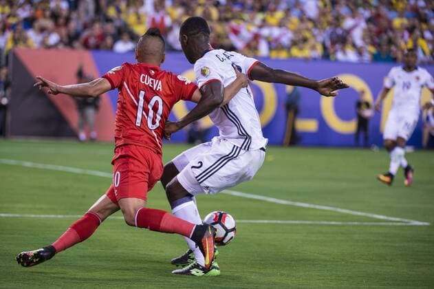 June 17, 2016 - East Rutherford, New Jersey, U.S - Colombia defender CRISTIAN ZAPATA (2) fights off Peru midfielder CHRISTIAN CUEVA (10) during the Copa America Centenario USA 2016 soccer tournament at MetLife Stadium in East Rutherford, NJ Soccer 2016 - Copa America Centenario Colombia vs. Peru 0-0 (4-2) - ZUMAs192