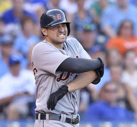 June 18, 2016 - Kansas City, MO, USA - The Detroit Tigers Nick Castellanos grimaces in pain after being hit in the hand on a pitch from Kansas City Royals starting pitcher Edinson Volquez in the first inning at Kauffman Stadium in Kansas City, Mo., on Saturday, June 18, 2016. Detroit at Kansas City - ZUMAm67_