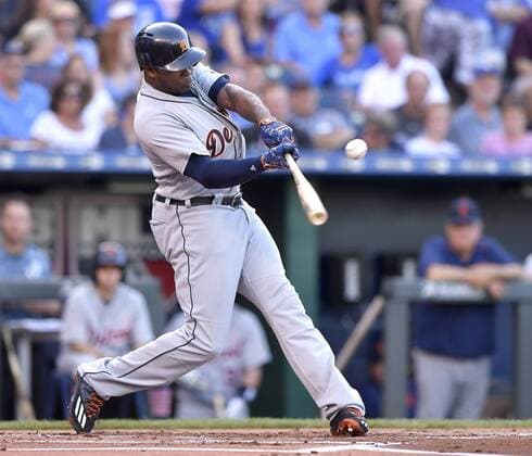 June 18, 2016 - Kansas City, MO, USA - The Detroit Tigers Justin Upton connects on an RBI single in the first inning against the Kansas City Royals at Kauffman Stadium in Kansas City, Mo., on Saturday, June 18, 2016. Detroit at Kansas City - ZUMAm67_