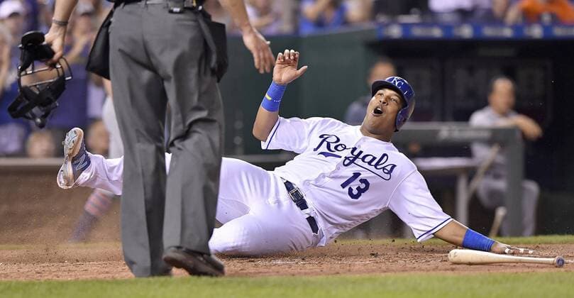 June 18, 2016 - Kansas City, MO, USA - The Kansas City Royals Salvador Perez slides across the plate to score on a two-run double by Kendrys Morales in the seventh inning against the Detroit Tigers at Kauffman Stadium in Kansas City, Mo., on Saturday, June 18, 2016. Detroit at Kansas City - ZUMAm67_