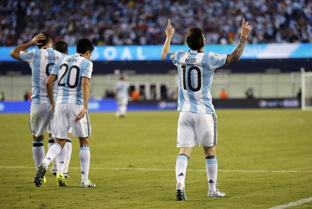 18 June 2016: Argentina forward Lionel Messi (10) thanks the heavens after scoring. Argentina defeated Venezuela 4-1 in the quarterfinal of the 2016 Copa America Centenario at Gillette Stadium in Foxborough, Massachusetts. (Photograph by Fred Kfoury III Icon Sportswire) SOCCER: JUN 18 Copa America Centenario - Quarterfinal - Argentina v Venezuela Icon482160618007 EDITORIAL USE ONLY