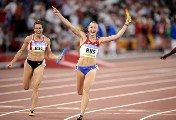 Julija Igorewna Tschermoschanskaja Team RUS Olympiasiegerin Russische Leichtathletin Finale Frauen Staffel 4 x 100m Olympiasieg fuer Russland Olympische Sommerspiele 2008 in Peking am 22.August 2008 