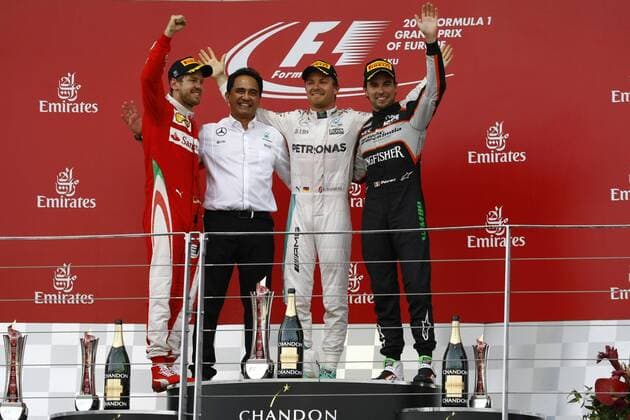 Formel 1, Rosberg gewinnt GP Baku European Grand Prix, Baku 16 - 19 June 2016 19.06.2016 - Race, 1st position Nico Rosberg (GER) Mercedes AMG F1 W07 Hybrid, 2nd position Sebastian Vettel (GER) Scuderia Ferrari SF16-H and 3rd position Sergio Perez (MEX) Sahara Force India F1 VJM09 