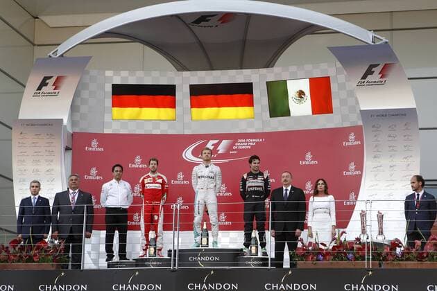 Formel 1, Rosberg gewinnt GP Baku European Grand Prix, Baku 16 - 19 June 2016 19.06.2016 - Race, 1st position Nico Rosberg (GER) Mercedes AMG F1 W07 Hybrid, 2nd position Sebastian Vettel (GER) Scuderia Ferrari SF16-H and 3rd position Sergio Perez (MEX) Sahara Force India F1 VJM09 