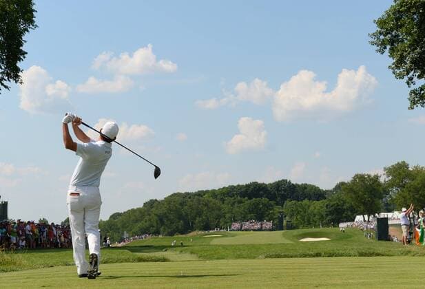 Andrew Landry tees off on the 3rd hole in the final round at the U.S. Open at Oakmont Country Club near Pittsburgh, Pennsylvania on June 19, 2016.  OAK20160619910 PATxBENIC