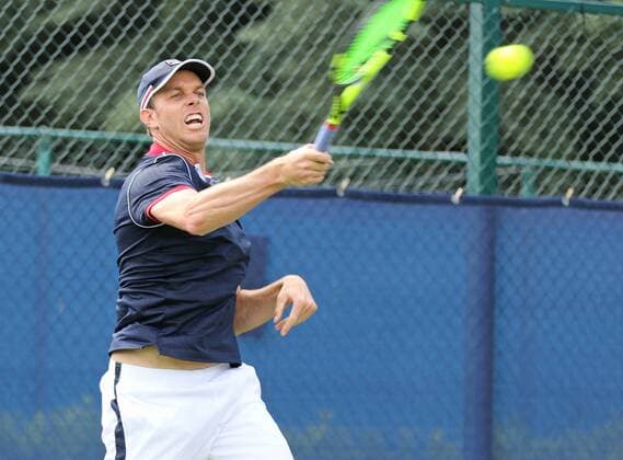 21.06.2016. Nottingham Tennis Centre, Nottingham, England. Aegon Open Mens ATP Tennis Herren Tennis. Forehand from Sam Querrey of USA defeats Ernesto Escobedo of USA 6-4 and 6-4 xDavidxKissmanx  ActionPlus11752755