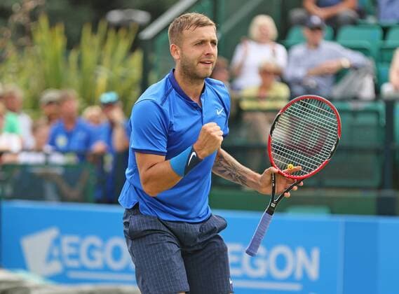 21.06.2016. Nottingham Tennis Centre, Nottingham, England. Aegon Open Mens ATP Tennis Herren Tennis. Fist pump from Daniel Evans of Great Britain as he edges towards victory over Ricardas Berankis of Lithuania 2-6 7-6 6-2 xDavidxKissmanx  ActionPlus11752934