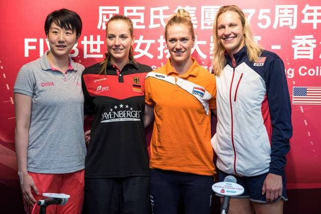 June 22, 2016 - Hong Kong, Hong Kong SAR, China - The women team captains. L to R.JINGSI SHEN of China,DENISE HANKE of Germany,MARET BALKESTEIN-GROTHUES of the Netherlands and CHRISTA HARMOTTO DIETZEN of the USA press conference PK Pressekonferenz for FIVB Volleyball World Grand Prix at the Hong Kong Coliseum in Hung Hom. The four team captains meet the press ahead of the 3 day competition. FIVB Volleyball World Grand Prix - ZUMAr144