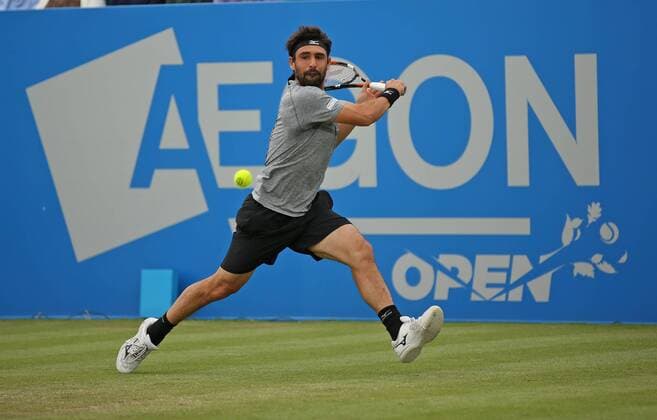22.06.2016. Nottingham Tennis Centre, Nottingham, England. Aegon Open Mens ATP Tennis Herren Tennis. Marcos Baghdatis of Cyprus fighting back in his match against Sam Querrey of USA xDavidxKissmanx  ActionPlus11753254