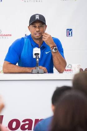 Professional golfer and tournament host, Tiger Woods, answers questions about his event and his health from the media during a press conference PK Pressekonferenz at the Quicken Loans National golf tournament on June 22, 2016, in Bethesda, Md.  WAP201606220020 PETExMAROVICH