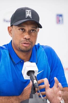 Professional golfer and tournament host, Tiger Woods, answers questions about his event and his health from the media during a press conference PK Pressekonferenz at the Quicken Loans National golf tournament on June 22, 2016, in Bethesda, Md.  WAP201606220128 PETExMAROVICH