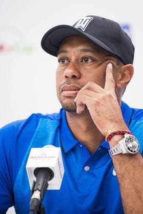 Professional golfer and tournament host, Tiger Woods, answers questions about his event and his health from the media during a press conference PK Pressekonferenz at the Quicken Loans National golf tournament on June 22, 2016, in Bethesda, Md.  WAP201606220063 PETExMAROVICH