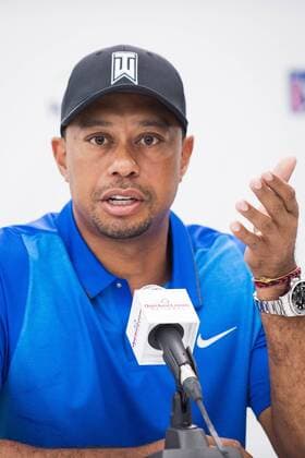 Professional golfer and tournament host, Tiger Woods, answers questions about his event and his health from the media during a press conference PK Pressekonferenz at the Quicken Loans National golf tournament on June 22, 2016, in Bethesda, Md.  WAP201606220155 PETExMAROVICH