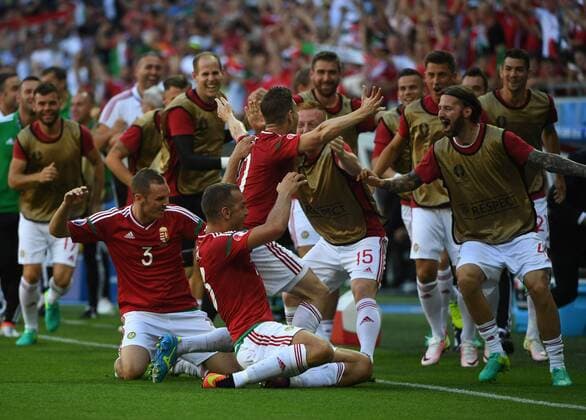LYON, June 22, 2016 -- Players of Hungary celebrate after scoring during the Euro 2016 Group F soccer match between Portugal and Hungary in Lyon, France, June 22, 2016. ) (SP)FRANCE-LYON-SOCCER-EURO 2016-GROUP F-PORTUGAL VS HUNGARY GuoxYong 