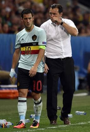Belgium s Eden Hazard and Belgium s head coach Marc Wilmots pictured during a soccer game between Belgian national soccer team Red Devils and Sweden, in group E of the group stage of the UEFA EURO EM Europameisterschaft Fussball 2016 European Championships, on Wednesday 22 June 2016, in Nice, France. The Euro2016 tournament is taking place from 10 June to 10 July. DIRKxWAEM  x04875663x
