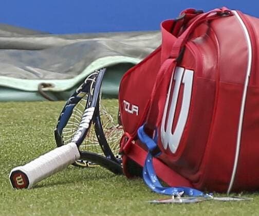 24.06.2016. Nottingham Tennis Centre, Nottingham, England. Aegon Open Mens ATP Tennis Herren Tennis. Racket broken by Gilles Muller of Luxembourg after losing a key game in the third and final set against Pablo Cuevas of Uruguay xDavidxKissmanx  ActionPlus11753947