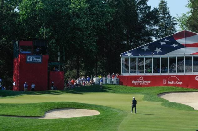June 25, 2016 - Rickie Fowler walks on to the seventeenth green during third round play at the Quicken Loans National at Congressional Country Club in Bethesda MD. PGA Golf Herren 2016: Quicken Loans National JUN 25 - ZUMAcjm_