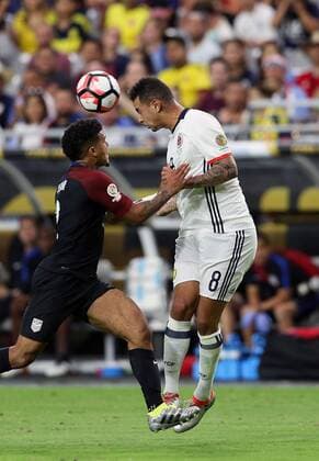 25 June 2016: Colombia midfielder Edwin Cardona 8 heads the ball away from United States defender DeAndre Yedlin 2 during the second half of the Copa America Centanario third place match at University of Phoenix Stadium in Glendale, Az. Colombia won 1-0. (Photo by Chris Coduto Icon Sportswire) SOCCER: JUN 25 Copa America Centenario - Third Place - United States v Colombia Icon3171606251177 EDITORIAL USE ONLY