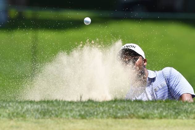 June 25, 2016 - Harold Varner III hits out of a bunker during third round play at the Quicken Loans National at Congressional Country Club in Bethesda MD. PGA Golf Herren 2016: Quicken Loans National JUN 25 - ZUMAcjm_