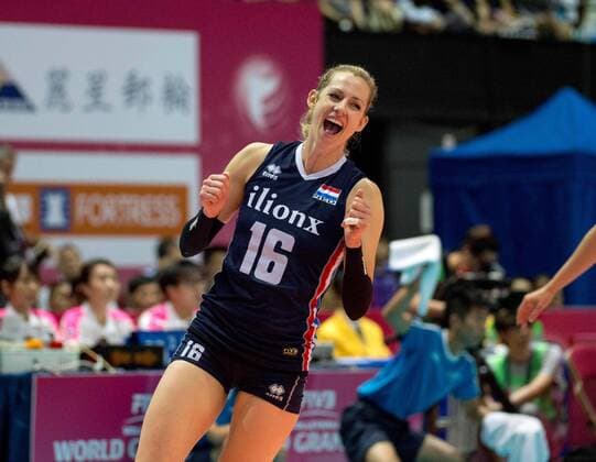 June 26, 2016 - Hong Kong, Hong Kong S.A.R, China - DEBBY STAM-PILON celebrates a point as the match nears an end.FIVB Volleyball World Grand Prix Hong Kong 2016. Netherlands secure a place in the semi-finals with a 3-0 win over Germany in Hong Kong with scores of 26-24,25-20,25-22. The Netherlands beat Germany in th FIVB Volleyball World Grand Prix Hong Kong 2016 - ZUMAr144