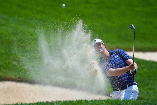 June 26, 2016 - Hudson Swafford hits his ball out of the green side, 233 par 3 second hole during final round play at the Quicken Loans National at Congressional Country Club in Bethesda MD. PGA Golf Herren 2016: Quicken Loans National JUN 26 - ZUMAcjm_