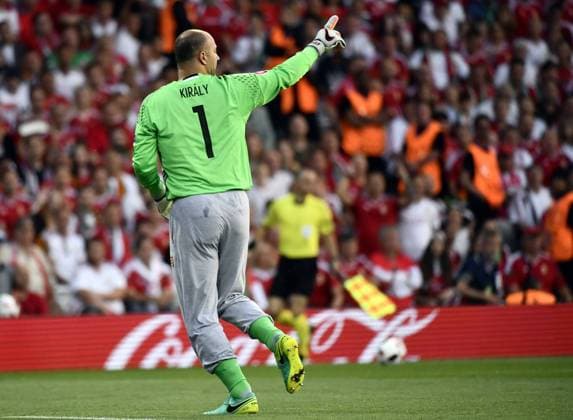 Hungary s goalkeeper Gabor Kiraly reacts during a soccer game between Belgian national soccer team Red Devils and Hungary, in the round of 16 of the UEFA EURO EM Europameisterschaft, Nationalteam Länderspiel, Fussball 2016 European Championships, on Sunday 26 June 2016, in Toulouse, France. The Euro2016 tournament is taking place from 10 June to 10 July. DIRKxWAEM  x04879130x