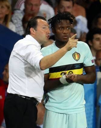 Belgium s head coach Marc Wilmots and Belgium s Michy Batshuayi entering the field at a soccer game between Belgian national soccer team Red Devils and Hungary, in the round of 16 of the UEFA EURO EM Europameisterschaft Fussball 2016 European Championships, on Sunday 26 June 2016, in Toulouse, France. The Euro2016 tournament is taking place from 10 June to 10 July. VIRGINIExLEFOUR  x04879365x