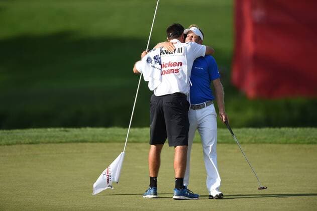 June 26, 2016 - Billy Hurley III celebrates with his caddie on number eighteen after winning the Quicken Loans National at Congressional Country Club in Bethesda MD. PGA Golf Herren 2016: Quicken Loans National JUN 26 - ZUMAcjm_