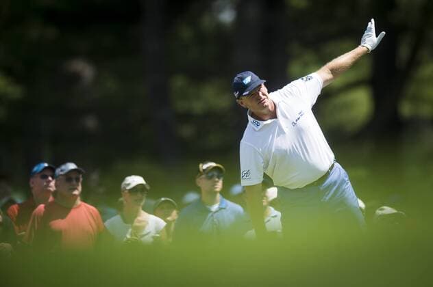 South African Ernie Els indicates that his tee shot is headed left on the 2nd hole at Congressional CC during the final round of the Quicken Loans National golf tournament in Bethesda, Maryland on June 26, 2016. Billy Hurley III, of Annapolis Maryland, shot a 2-under 69 on Sunday for his first tournament win.  WAP201606260163 PETExMAROVICH