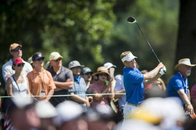 Billy Hurley III watches his tee shot on the 4th hole at the Quicken Loans National golf tournament at Congressional CC in Bethesda, Maryland on Sunday, June 36, 2016. Hurley, of Annapolis, Maryland, shot a 2-under 69 on Sunday for his first tournament win.  WAP201606260239 PETExMAROVICH