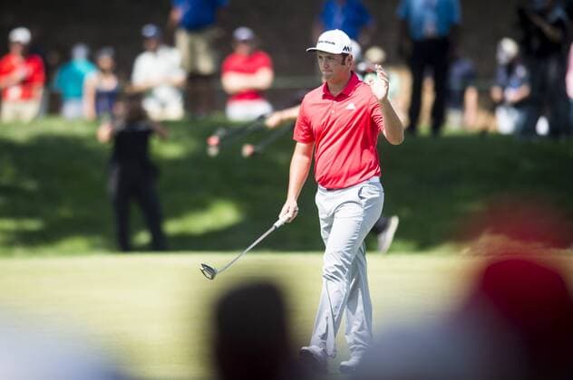 Spaniard Jon Rahm waves to the gallery on the 6th green at Congressional CC during the final round of the Quicken Loans National golf tournament in Bethesda, Maryland on Sunday, June 36, 2016. Billy Hurley III, of Annapolis Maryland, shot a 2-under 69 on Sunday for his first tournament win.  WAP201606260281 PETExMAROVICH