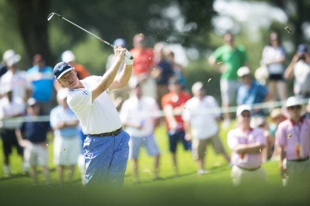 South African golfer Ernie Els plays his approach shot on the 9th fairway at Congressional CC during the final round of the Quicken Loans National golf tournament in Bethesda, Maryland on Sunday, June 36, 2016. Billy Hurley III, of Annapolis Maryland, shot a 2-under 69 on Sunday for his first tournament win.  WAP201606260400 PETExMAROVICH