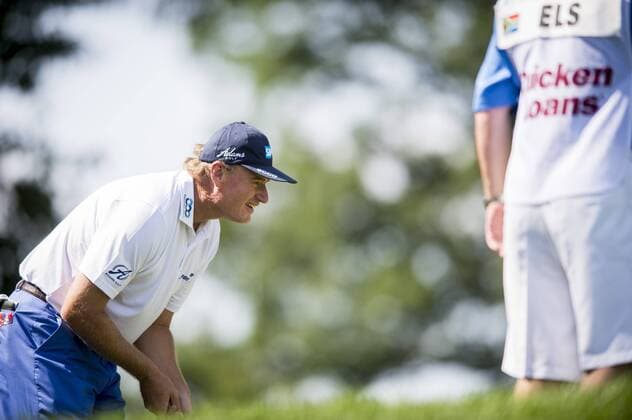 South African golfer Ernie Els lines up a birdie putt on the 9th hole at Congressional CC during the final round of the Quicken Loans National golf tournament in Bethesda, Maryland on Sunday, June 36, 2016. Billy Hurley III, of Annapolis Maryland, shot a 2-under 69 on Sunday for his first tournament win.  WAP201606260419 PETExMAROVICH